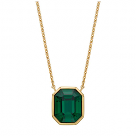 Yellow Gold Plated Elongated Octagon Necklace With Emerald Crystal